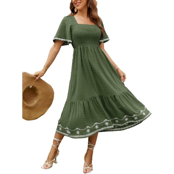 Women's Short Sleeve Smocked Square Neck A Line Summer Flowy Maxi Long Dress - Picture 1 of 7
